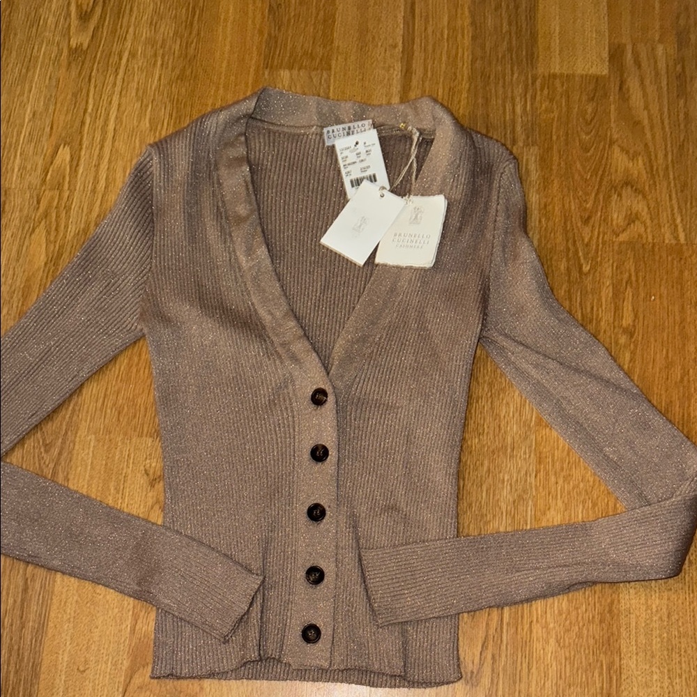 Brown with gold sparkles Ribbed Button-Up Sweater